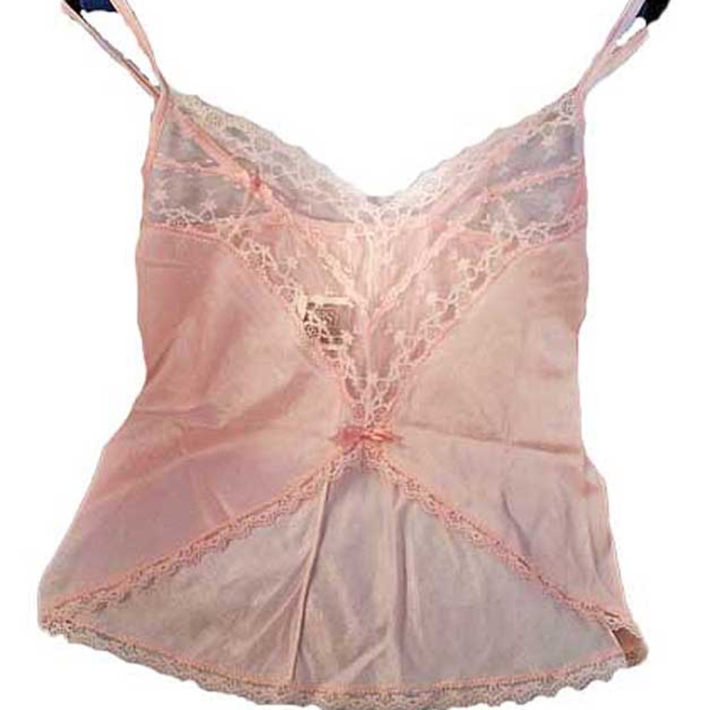 CAMISOLE WITH LACE BODICE & NECK, PINK SATIN, SIZE MEDIUM, VEE NECKLINE, SHAPED